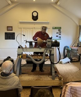 Chris Withall turning a segmented bowl on the big lathe